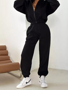 वर्कआउट के लिए लंबी आस्तीन ज़िप अप फसल शीर्ष हुडी और चौड़े पैर पैंट महिलाओं के लिए कस्टम दो टुकड़ा ट्रैकसूट - Product Image 2