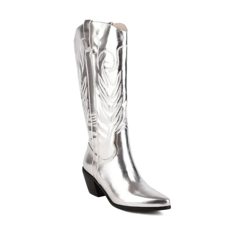 Custom Women Sparkly Cowboy Metallic Shoes Glossy Shiny Silver Leather Square Heeled Low Heel Mid Calf Women Western Boots