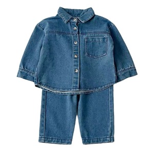 ソリッドカラーコットンシングルブレスト長袖トップデニムパンツ2ピースセット男の子用キッズ服