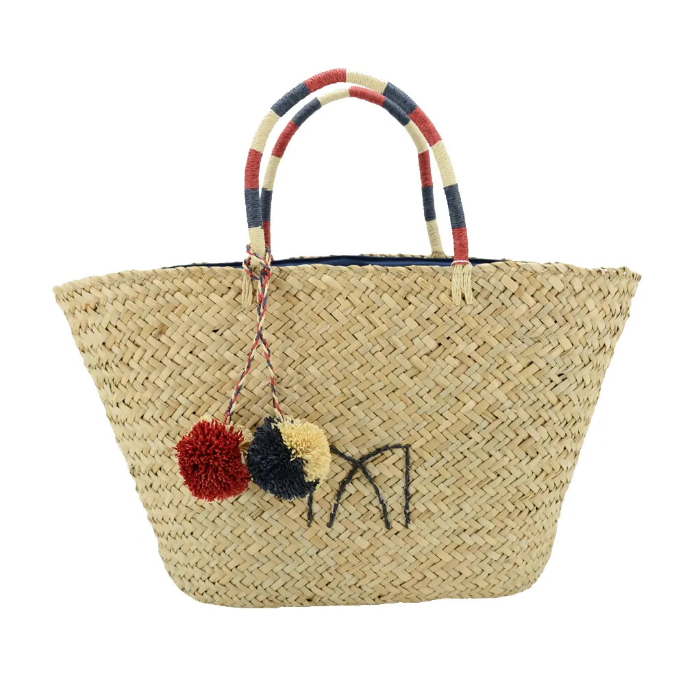 Wholesale Natural Straw Sea Grass Tote Bag Embroidery Summer Beach Handbag Featuring Vintage Fashion Design Open Closure Cotton