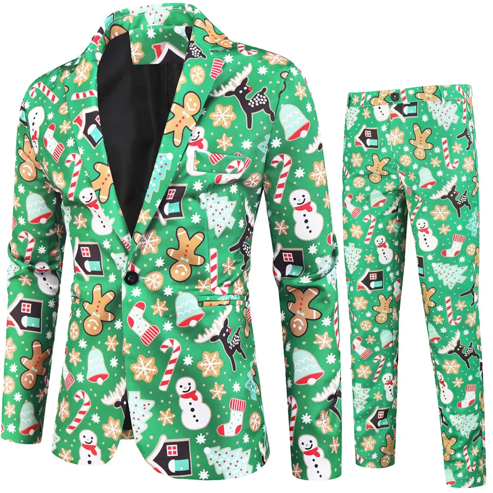 Zakelijke Casual Pak Heren Kerst 3d Bedrukt Pak Broek Set 2 Stuks Jurk