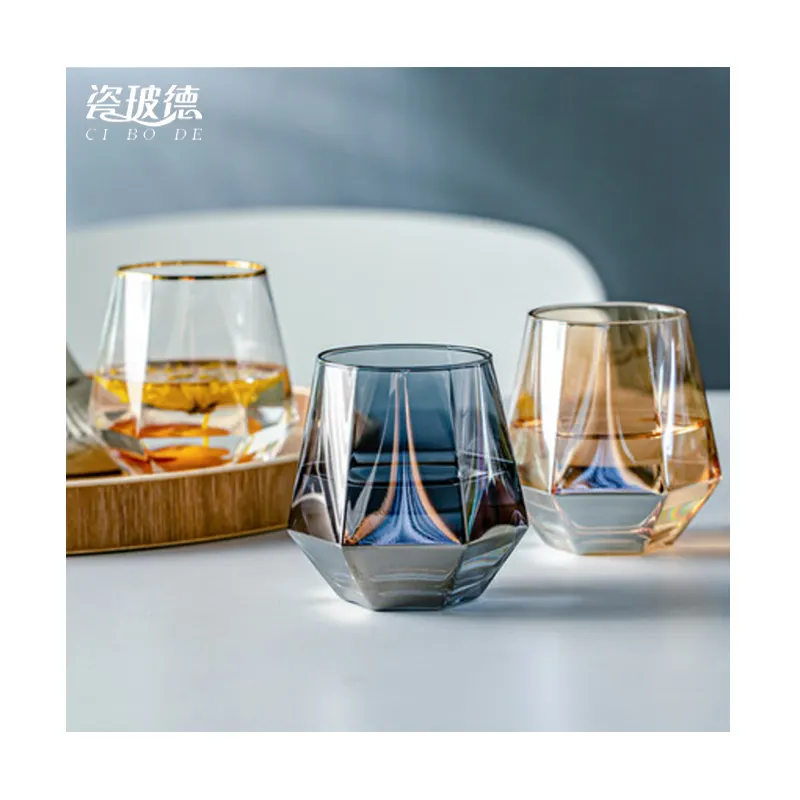 Óculos de vinho para beber, copo com logotipo personalizado, borda dourada, galvanização, vinho, colorido, hexagonal, conjunto de vidro