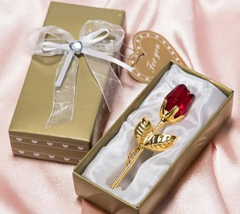 Rosa de cristal metálico colorido, suprimentos para festa de casamento, presentes com caixa de papel
