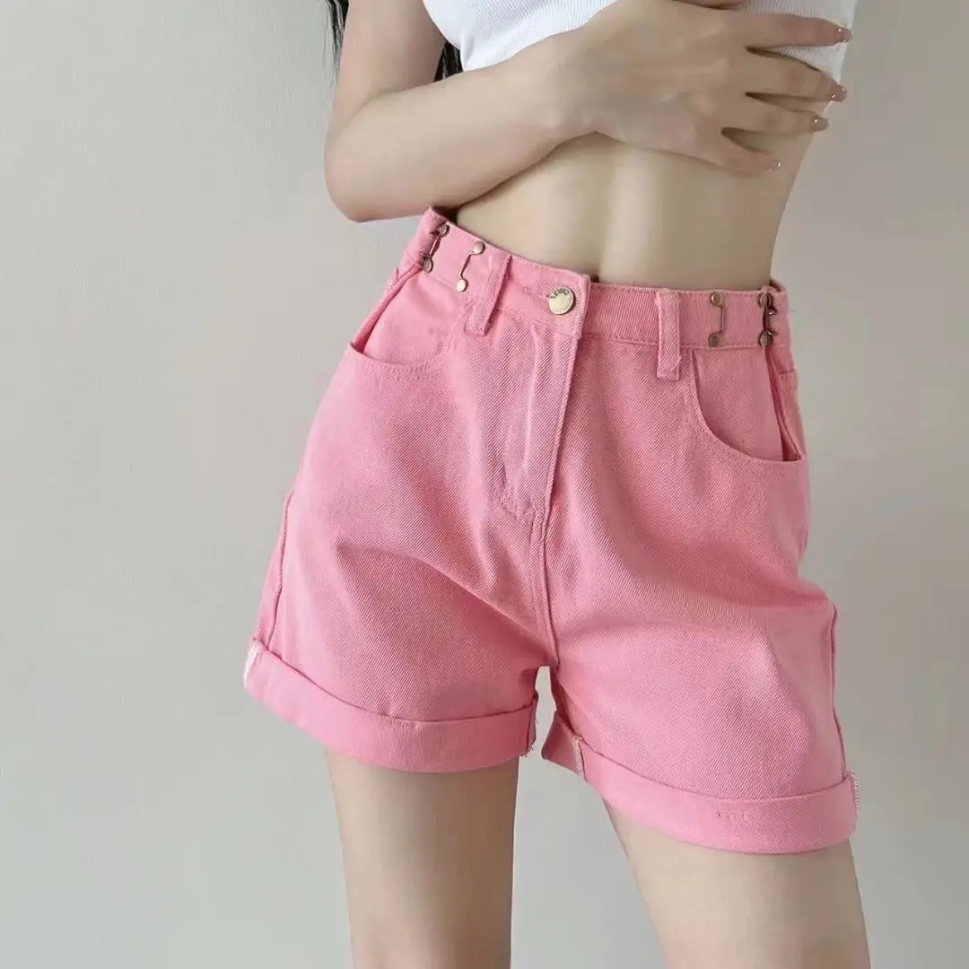 Customized high quality summer new European women's fashion candy color adjustable casual denim shorts