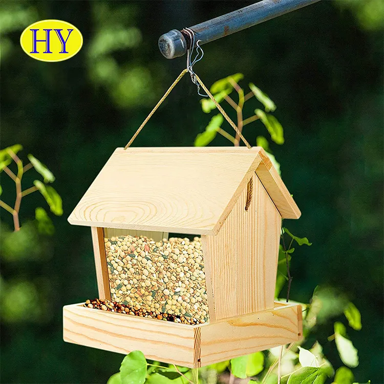 Comedero para pájaros, cajas personalizadas, venta al por mayor, casa colgante de madera para pájaros, cartón de madera, casa para mascotas a la moda, HY Living, triángulo sólido sostenible