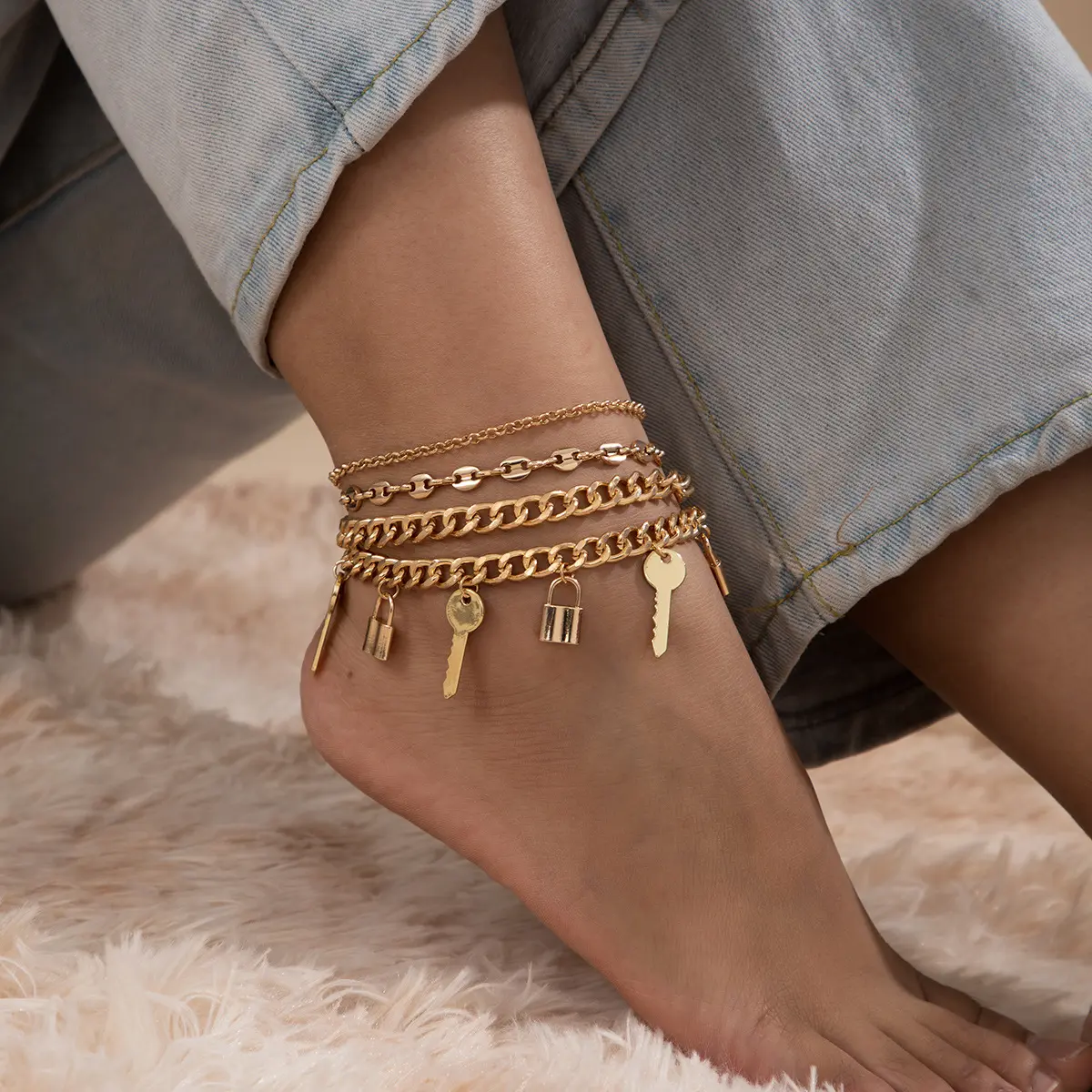 2021 Hot Lock Key Anklet Female Gold Silver Rhinestone Anklet Crystal Diamond Punk Cuban Anklet Foot Jewelry