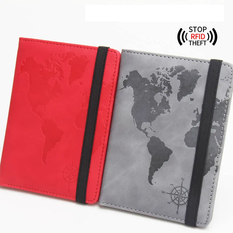 Rfid Multi-Card Pu cuero pasaporte libro correas elásticas mapa del mundo pasaporte titular