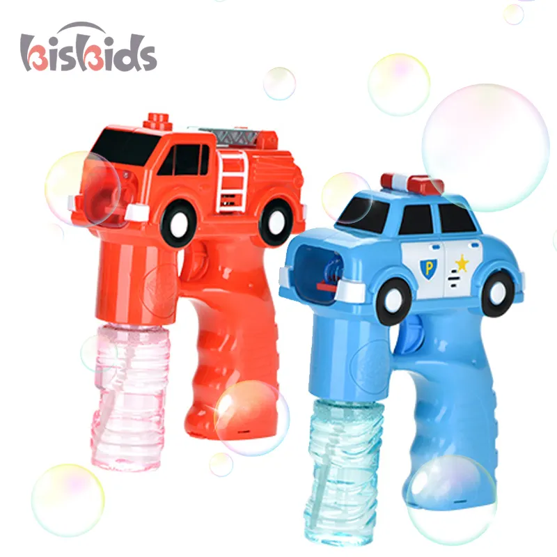 Motor de bomberos y pistola de burbujas de coche de policía, máquina de burbujas eléctrica con luz y música