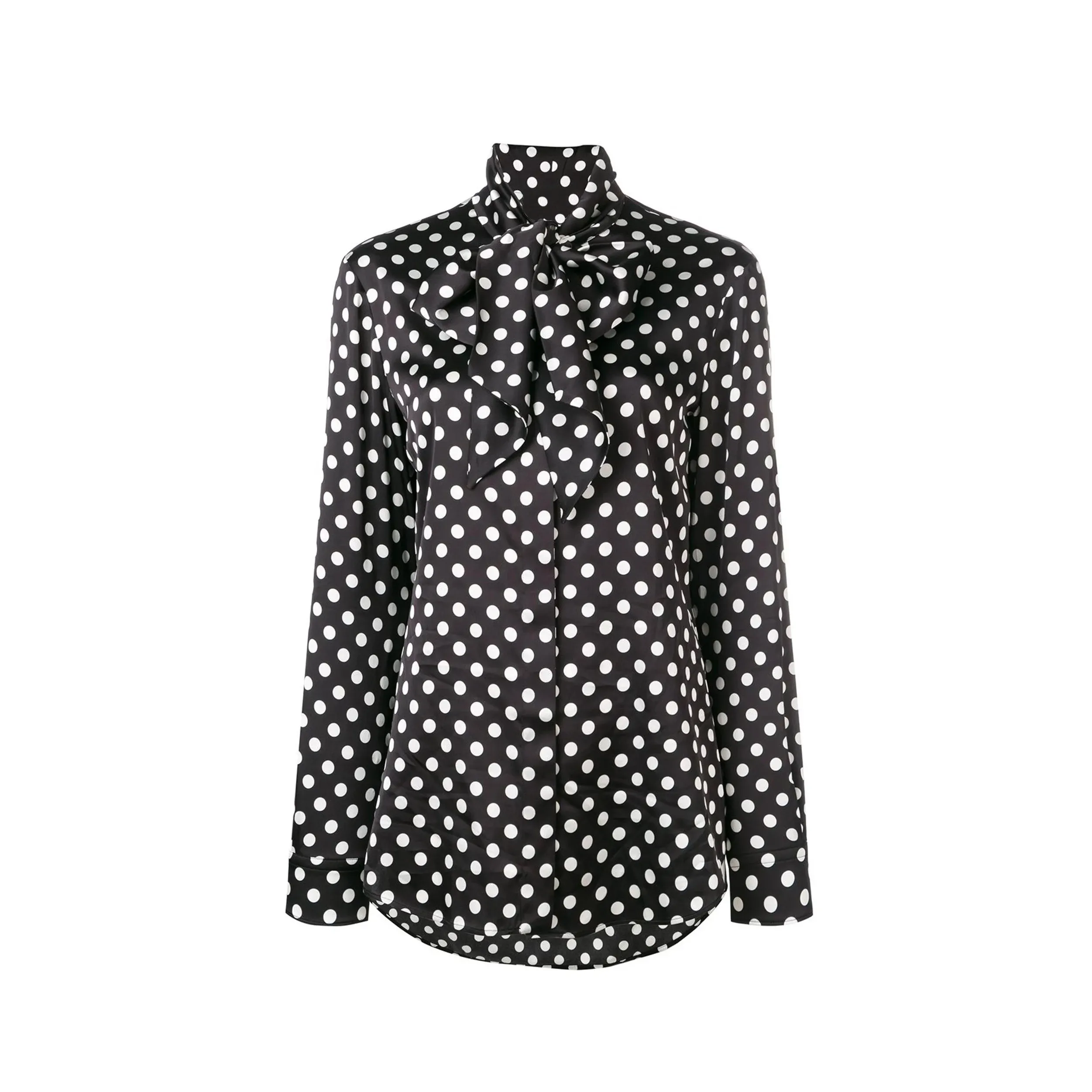 Fabricantes de ropa de moda elegante para mujer, blusas de camisa Vintage de gasa con lunares negros de manga larga personalizadas para dama