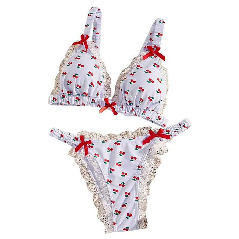 Traje de baño blanco personalizado con patrón de cereza Bow Beach Bikini trajes de baño de lujo con trajes de baño de encaje para mujeres