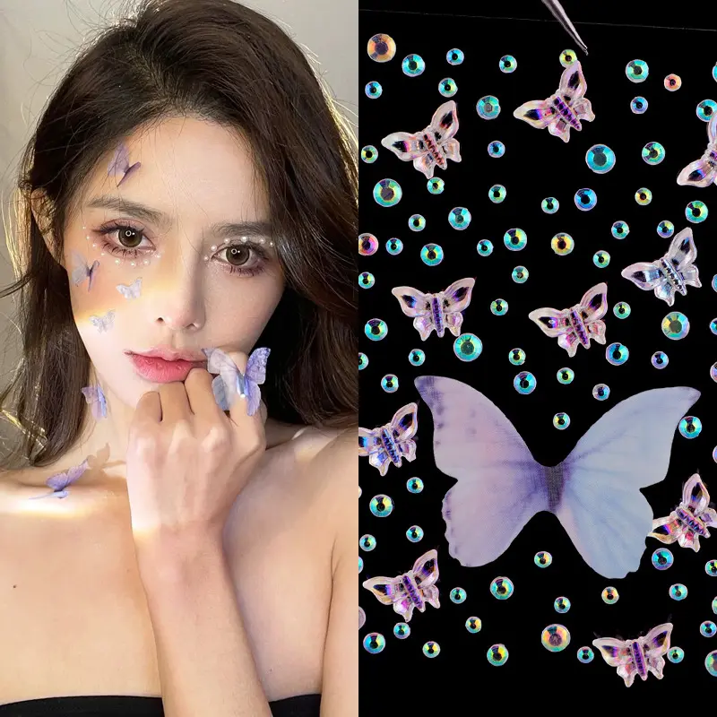 Perekat 3D kupu-kupu Dekorasi akrilik stiker berlian imitasi wajah stiker lembar untuk Makeup