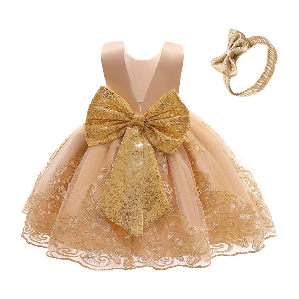 蝶結びスパンコール刺繍レースパーティーチュチュガウン幼児の女の赤ちゃんのドレス帽子付き