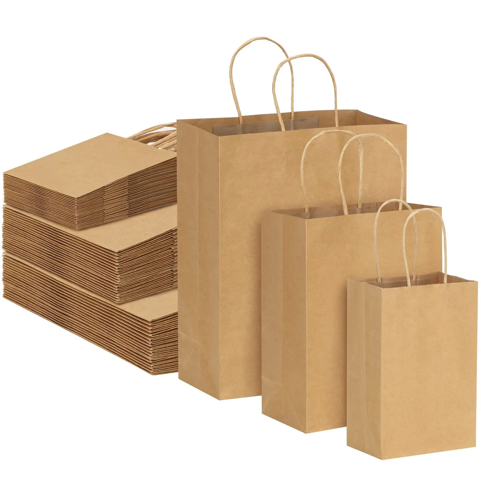손잡이가있는 갈색 종이 가방 혼합 크기 선물 가방 비즈니스 쇼핑을위한 대량 크래프트 종이 소매 상품 가방