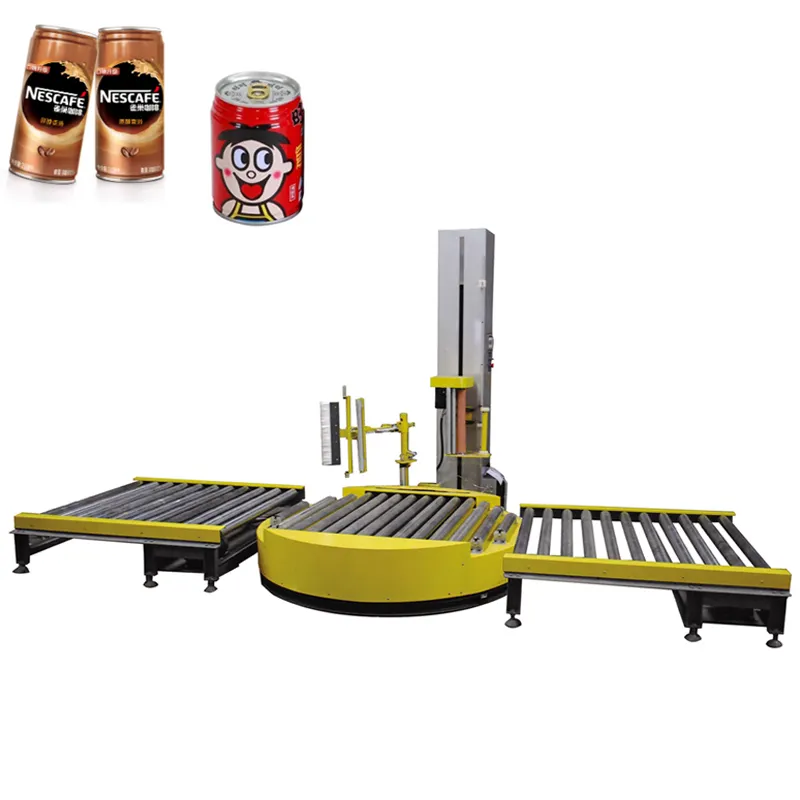 Inline Turntable Pallet Film Stretch Wrapper Machine for Food & Beverage Tin Can Packaging