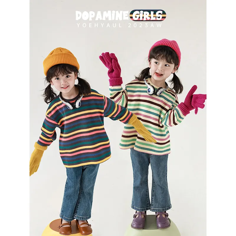 Vestiti personalizzati per bambini maglietta a maniche lunghe alla moda maglietta a righe arcobaleno con vestibilità ampia per bambini elegante strato di base per ragazze per bambini
