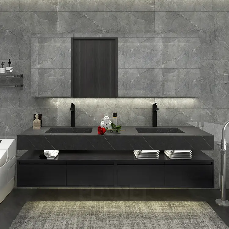 Черный деревянный шкаф, 72 роскошных набора, двойные современные столики для ванной комнаты