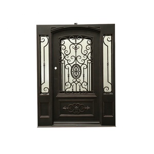 Modern Style Double <strong>Entry</strong> Wrought Iron Swing Door with Arched Design for House Front Entrance for Exterior Decorative Purpose