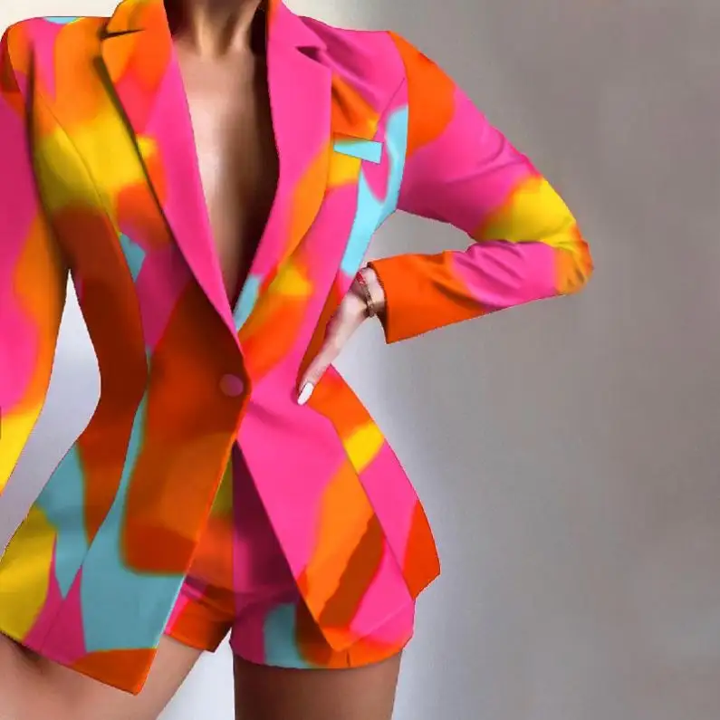 D & M moda kravat boya leopar baskı kadın Blazer ve şort 2 parça setleri