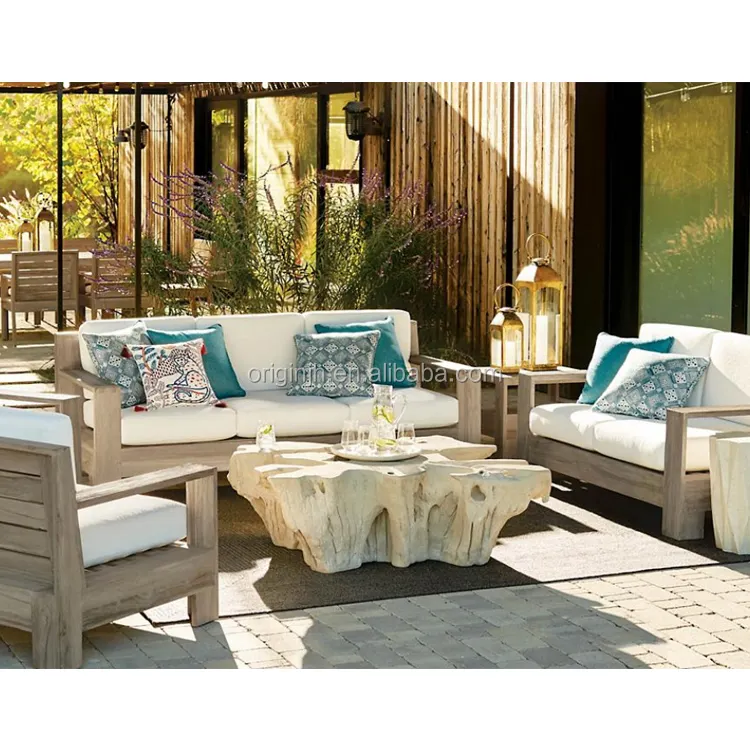 Plain style durable comfortably cushion naturally resinous oils teak outdoor sofa solid wood furniture