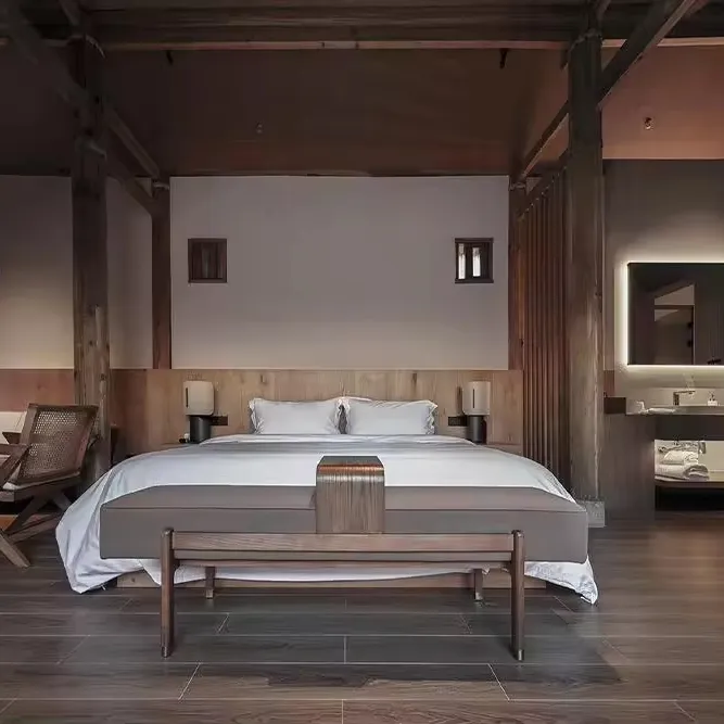 Cama especial para hotel de 2 metros, cama doble de madera maciza, modelo de muebles de habitación, juego completo de muebles de fábrica
