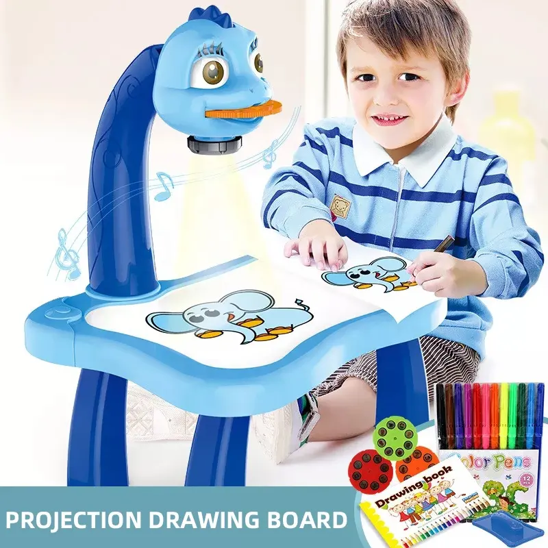 Samtoy-mesa de dibujo de dinosaurio de dibujos animados para niños, tablero de dibujo electrónico magnético de grafiti, escritorio de aprendizaje, juguete de proyección