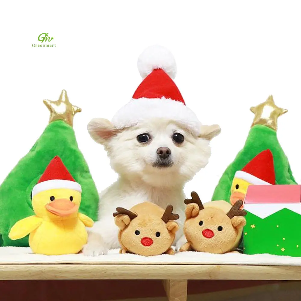 Greenmart卸売クリスマステーマミニ犬ぬいぐるみクリスマスペットぬいぐるみ