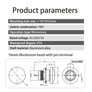 Su geçirmez IP65 anlık 1NO kırmızı mantar kafa metal 22mm basmalı düğme anahtarı