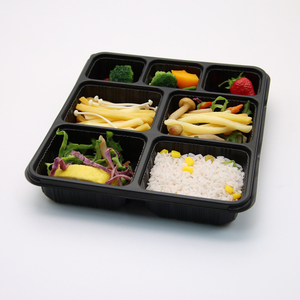 热销黑色<span class=keywords><strong>PP</strong></span>塑料外卖食品托盘容器，带微波安全盖，定制一次性蛋糕寿司巧克力