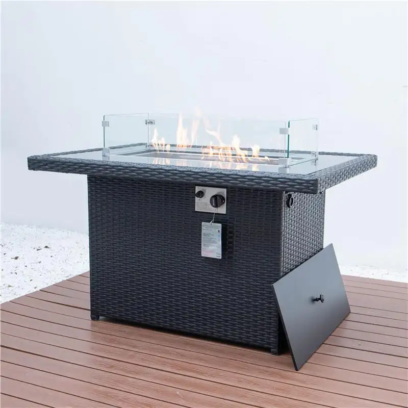 Mesa rectangular de mimbre a Gas para exteriores, juego de mesa para chimenea