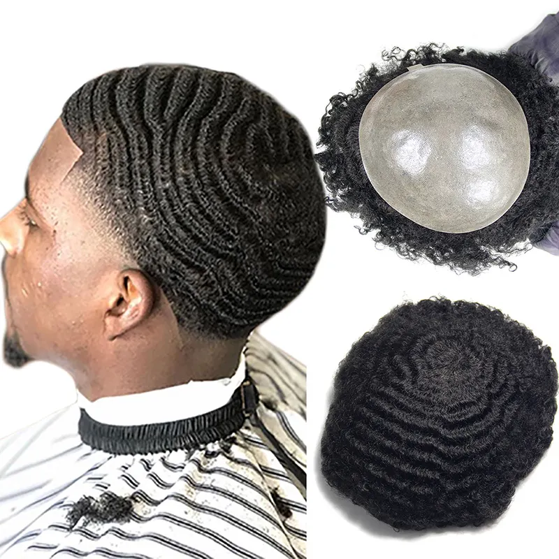 Afro crépus bouclés 8*10 pouces de qualité supérieure cheveux humains remy hommes perruques pleine pu pas cher thinskin base toupet pour hommes hommes