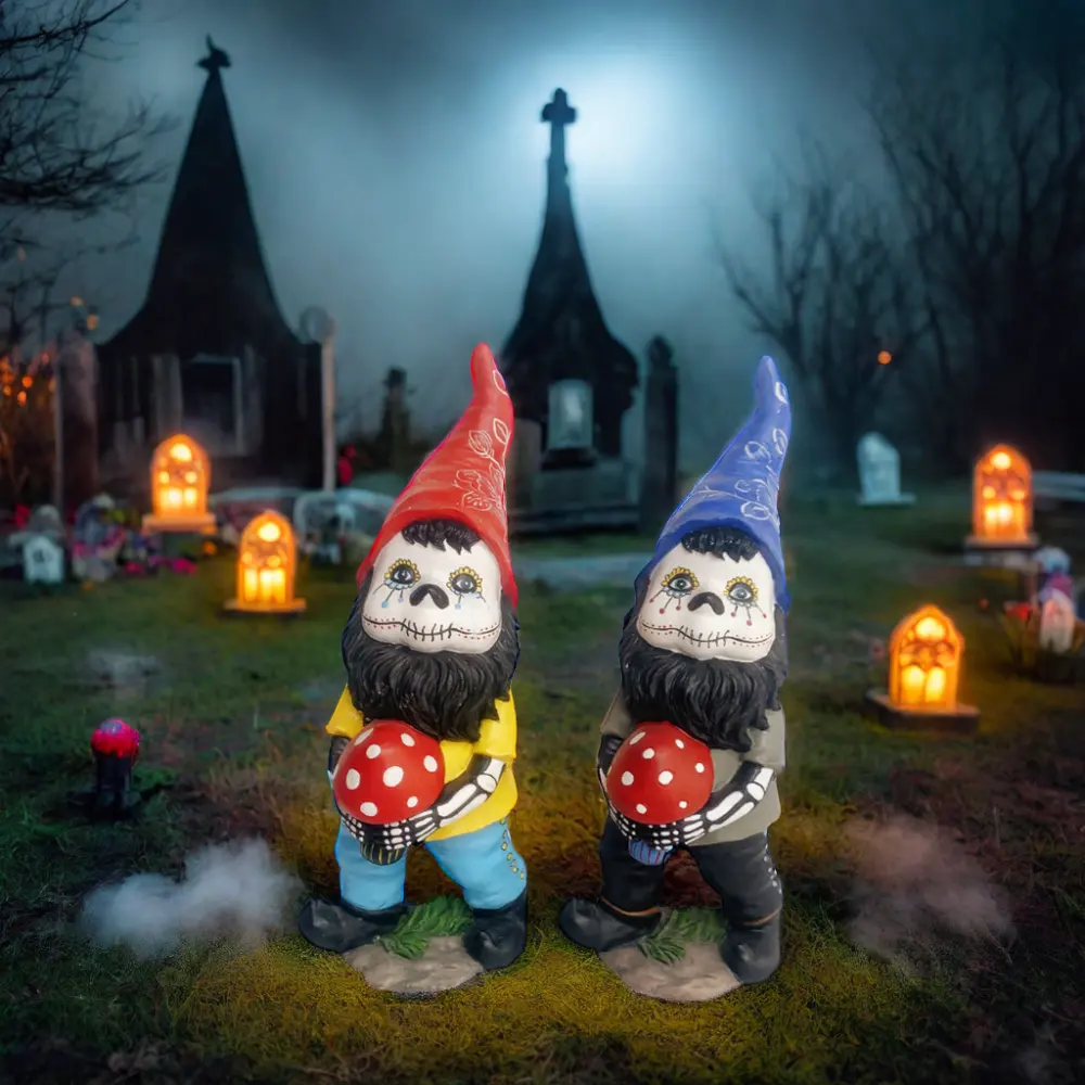 Sugar Skull Garden Gnomes Pareja Figuritas Tema de hadas divertidas Esculturas de resina para decoraciones de Halloween