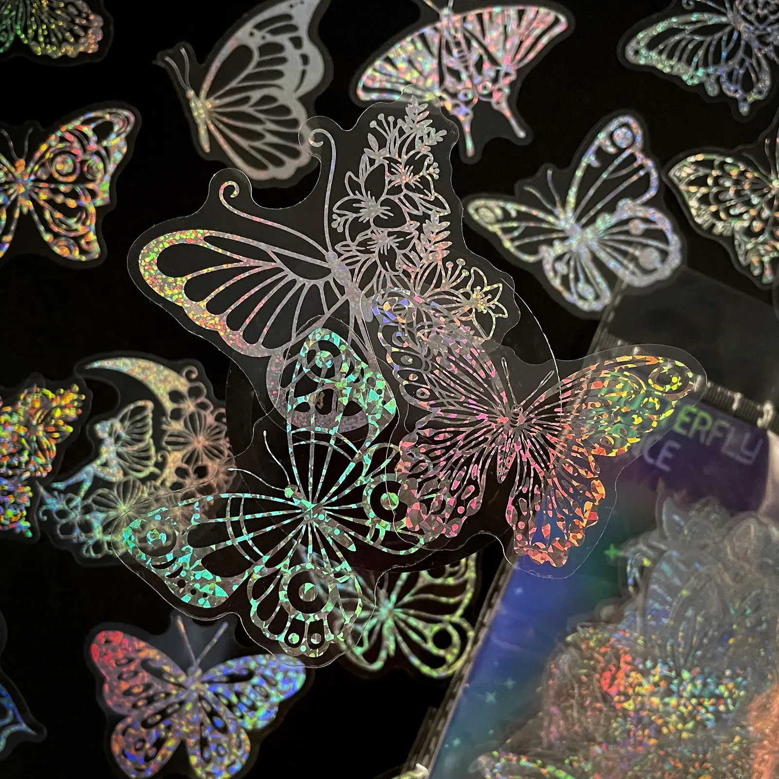 100 borboleta clara adesivos holográficos PET rádio Flash adesivo