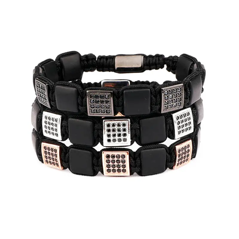 Bracelet en pierre d'onyx noir mat pour hommes, Logo personnalisé de haute qualité, breloque en macramé, pierre naturelle, noir mat