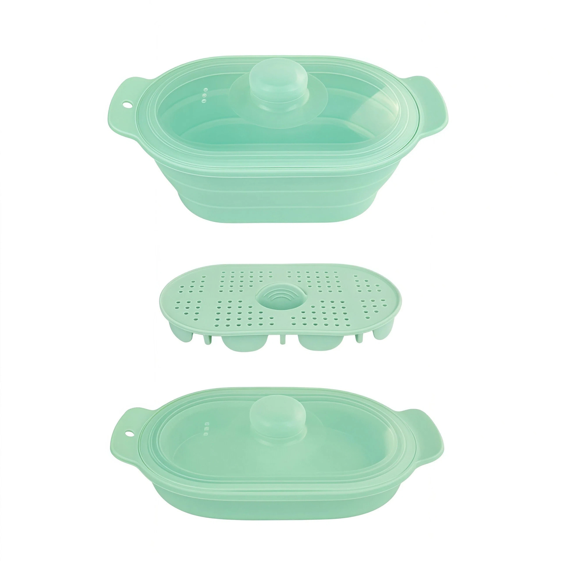 Rectangular olive-green steamer basket-foldable