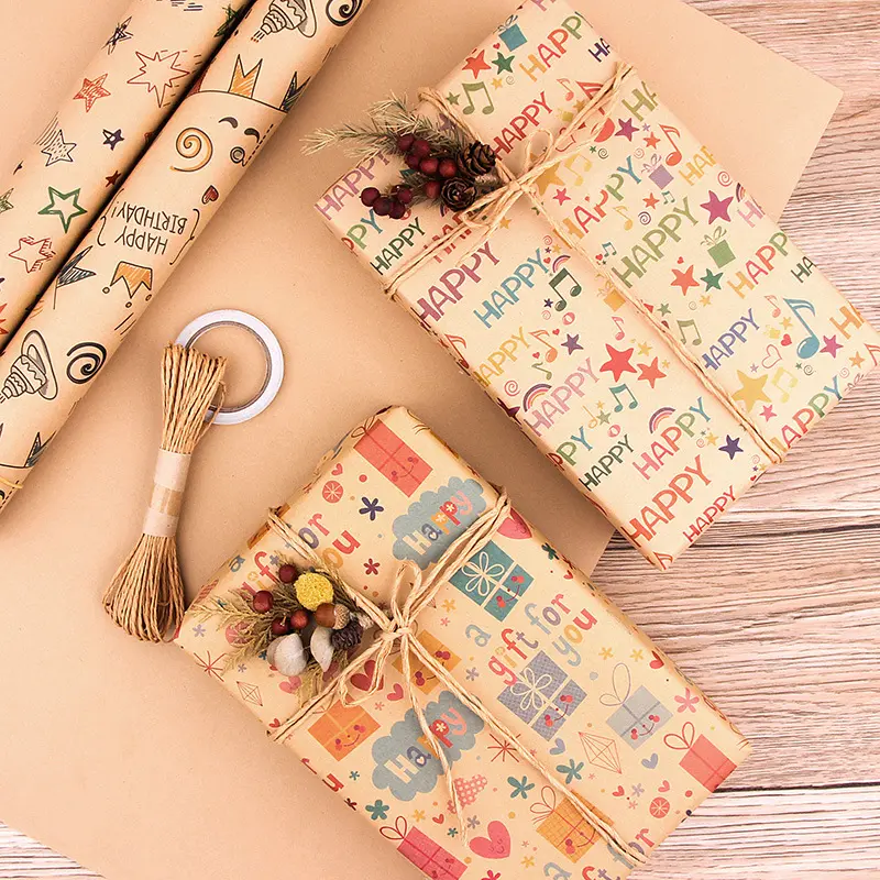 New Colorful Cartoon Christmas Wrapping Paper Kraft Wrap Paper Roll for Wedding Kids Birthday Holiday Baby Shower Gift Packing