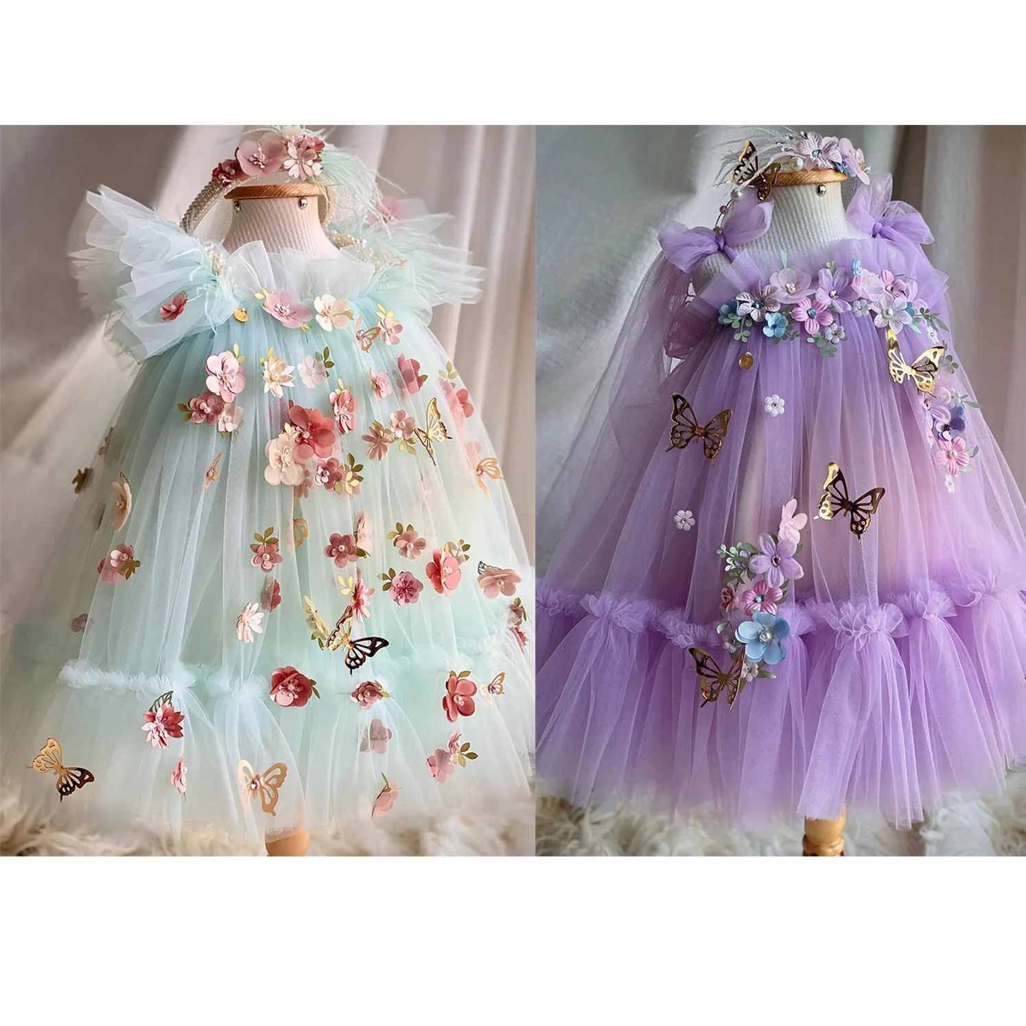 Bordado para niños, actuación de piano, vestido de flores de lujo para niñas, vestido de fiesta para niñas con alas de mariposa
