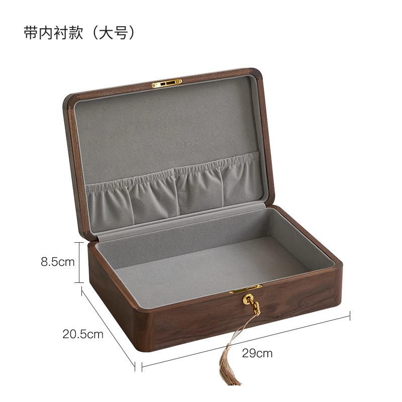 Walnut wood storage box - large size with lock and velvet fabric
