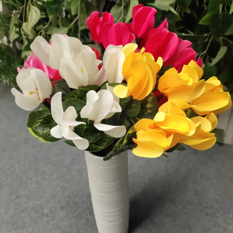 Peruca chinesa de 7 garfos pequena ciclamen flor de simulação simples decoração suave para casa peruca multicolorida