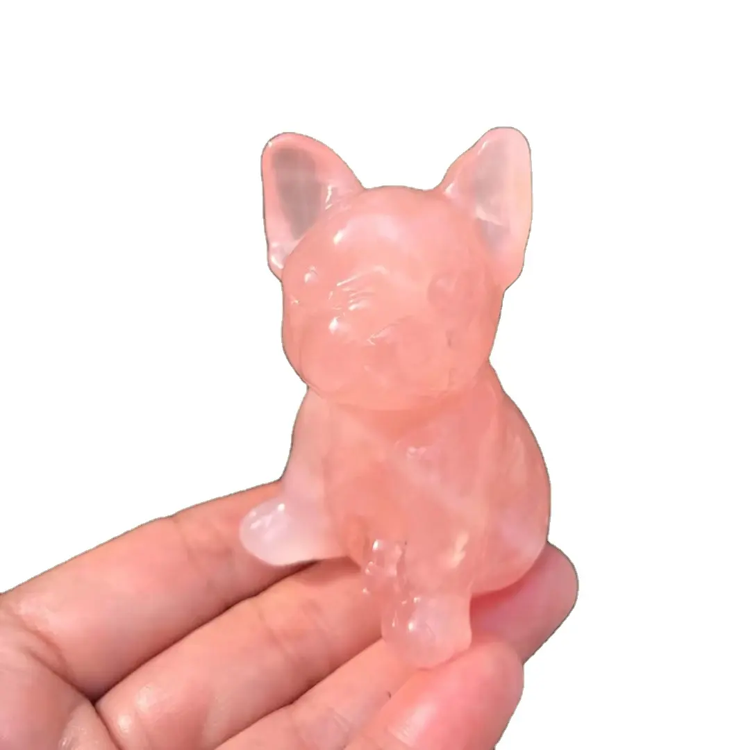 Vente en gros de quartz rose naturel de haute qualité chien bouledogue français sculptures en cristal pour la décoration de la maison