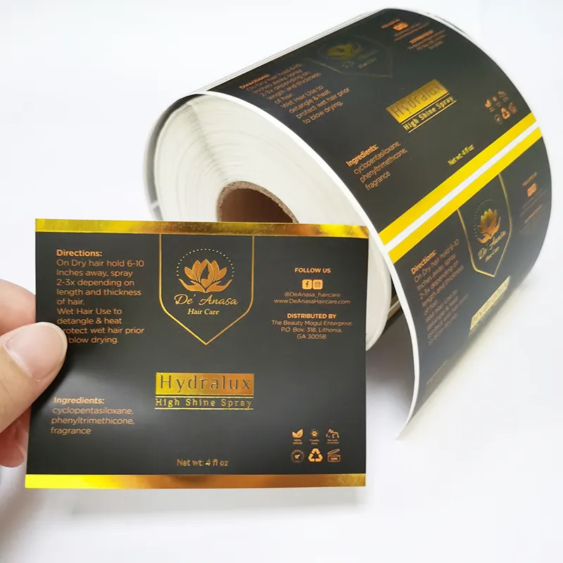 Custom Roll Printing Logo Garrafa De Embalagem Impermeável De Luxo Etiquetas De Folha De Ouro Etiquetas Biodegradáveis Adesivos Para Alimentos Cosméticos