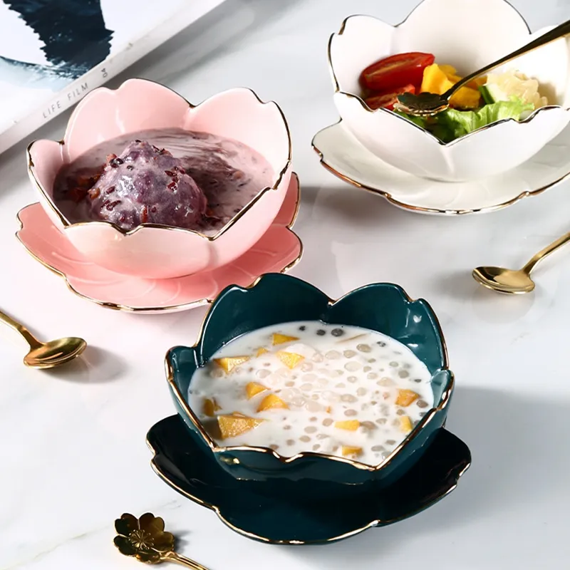 Sakura Shaped Ceramic Dessert Bowl And Plate Set Fruit Ice Cream Cubilose Syrup Soup Bowls Kitchen Tableware Restaurant Cutlery