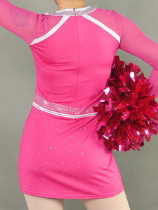 OEM <strong>Pink</strong> Long Sleeve Cheerleading Dress With Rush Logo Sparkle Rhinestone Trim Side Slit Team Outfit - Product Image 5