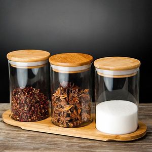 IKOO高ホウケイ酸ガラススパイスジャー竹ふた付きカバースタイル調味料容器セットスプーンとトレイ付き