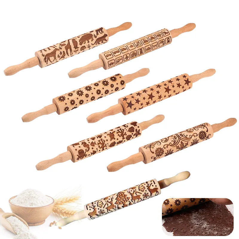 Christmas Wooden Rolling Pins Custom Dough Roller Engraved Embossing Rolling Pin with Handle for Baking Tool