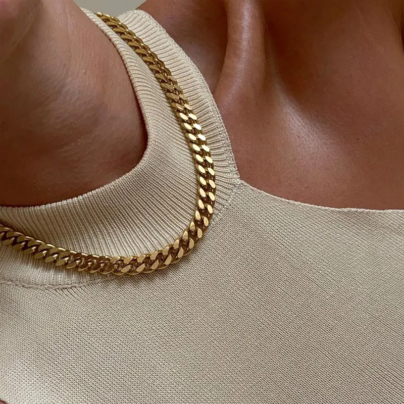 Colar feminino de aço inoxidável, colar da moda 9mm, banhado a ouro, de aço inoxidável, grosso, largo, gargantilha, colar feminino, jóias