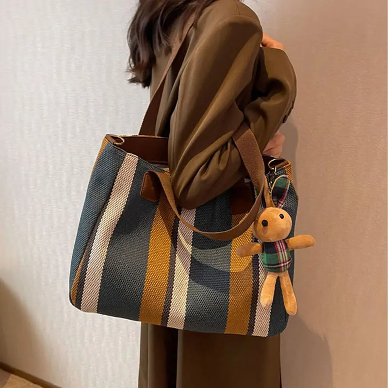 New Product Ideas Ladies Fashion Recycled Striped Canvas Messenger Tote Work Big Bags Art Pouch Portable Shopping Sling Hand Bag