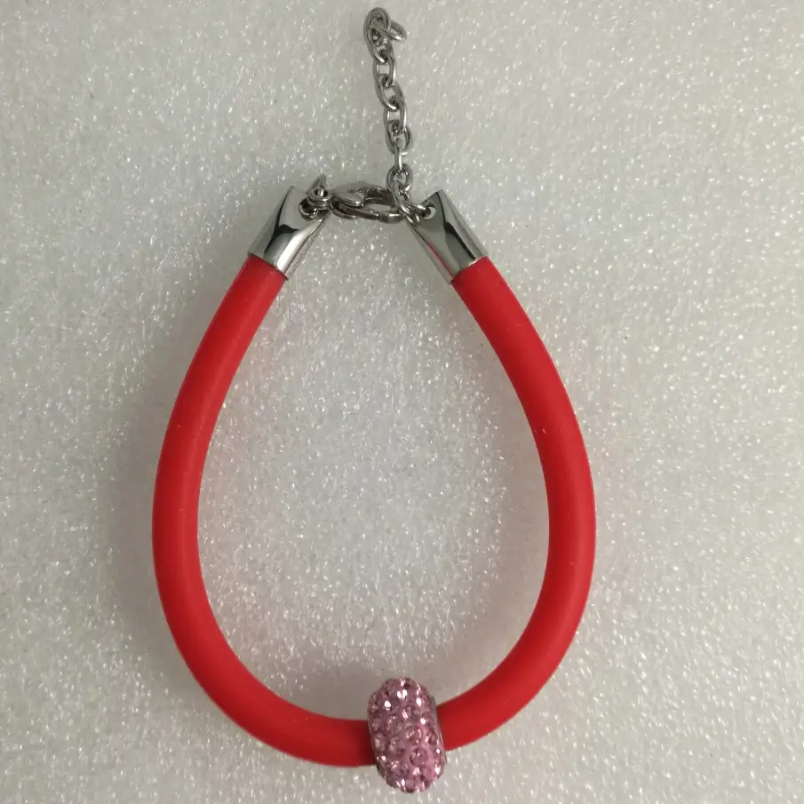 Factory Wholesale 6.5 " Inches Child Size Lucky Red Silicone Rubber Single Pink Crystal Ball Decoration Charm Bangle Bracelet
