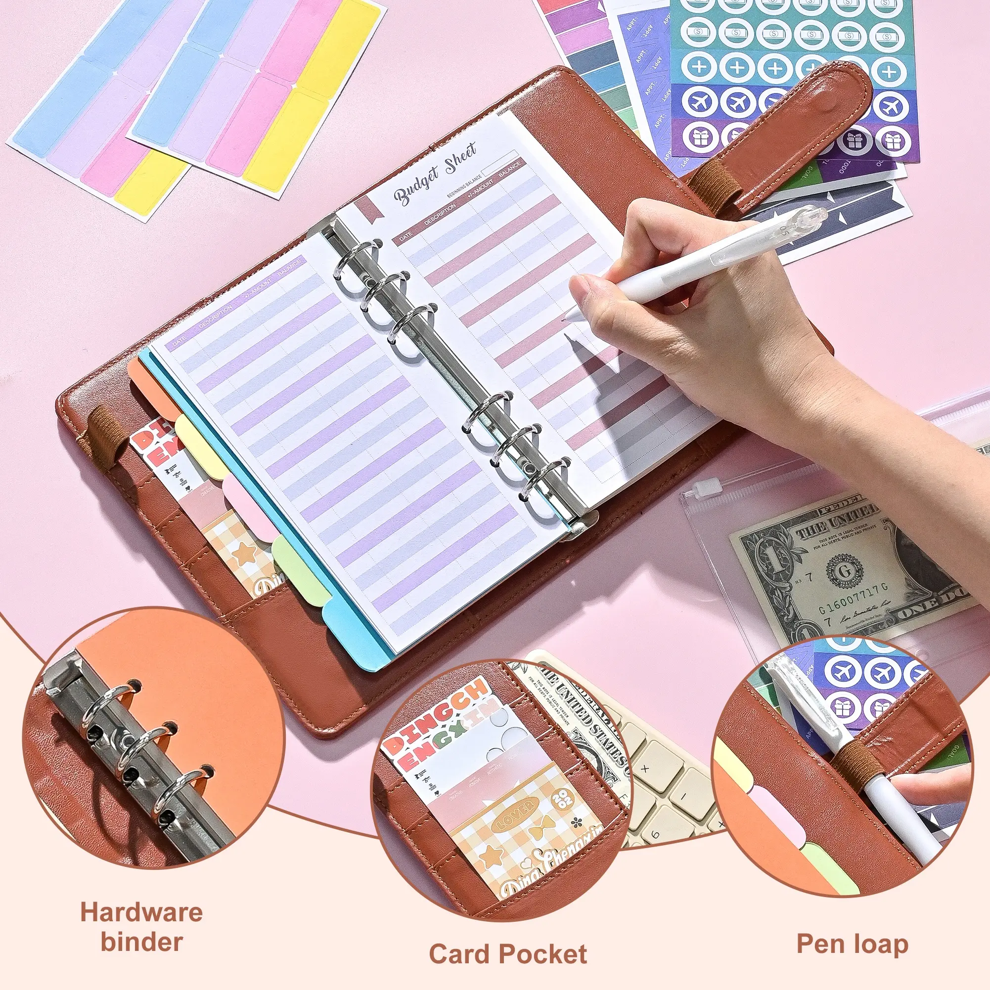 Carnet élégant et facile à gérer de haute qualité à feuilles mobiles en cuir PU macaron couleur budget livre