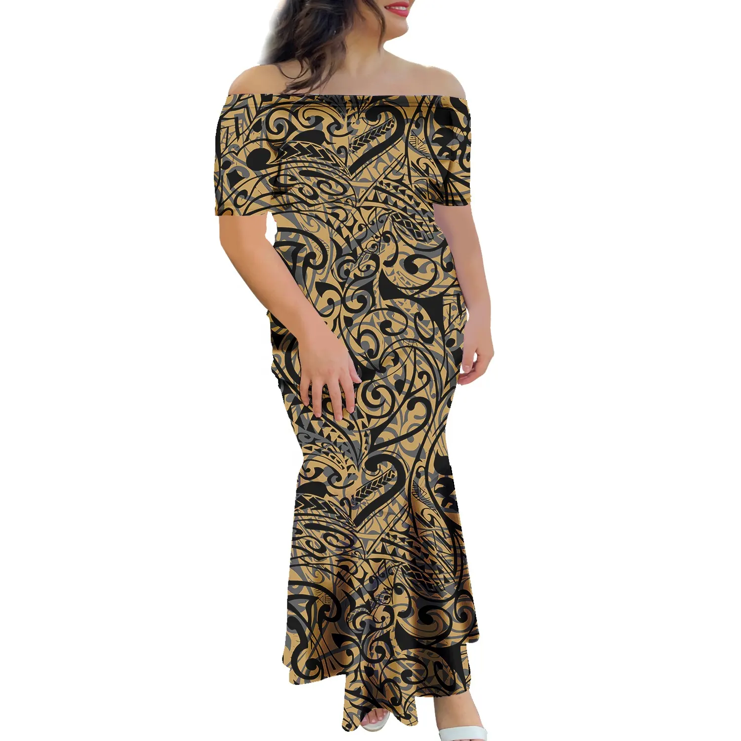 Prezzo all'ingrosso Samoan Tribe Lady Dresses Custom Hawaiian Flower polinesiano manica corta Plus Size donna abito lungo a sirena