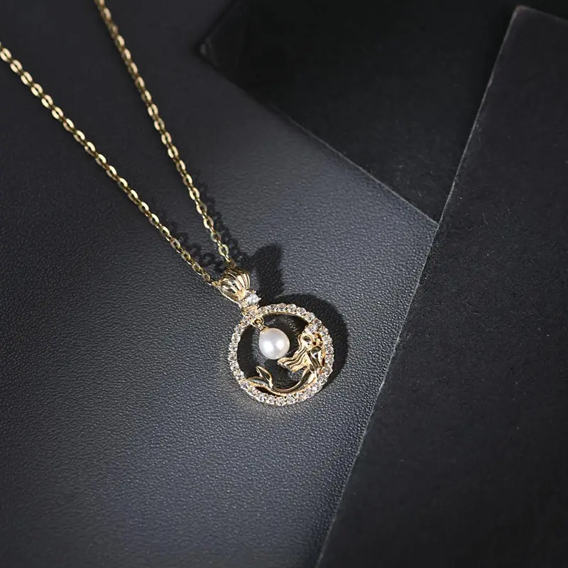 Collana da donna con gioielli in oro reale 14K, ciondolo con perle a sirena personalizzato, gioielli in oro 11458